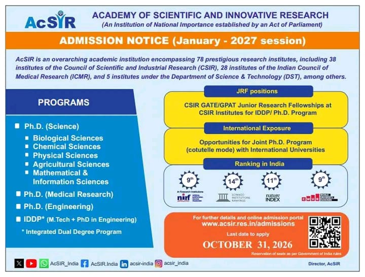 ACSIR -Admission Notice January Session 2027