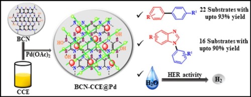 Palladium nanoparticle immobilized on coconut coir extract coated boron carbon nitride: A green and sustainable nanocatalyst for cross-coupling reactions and HER studies