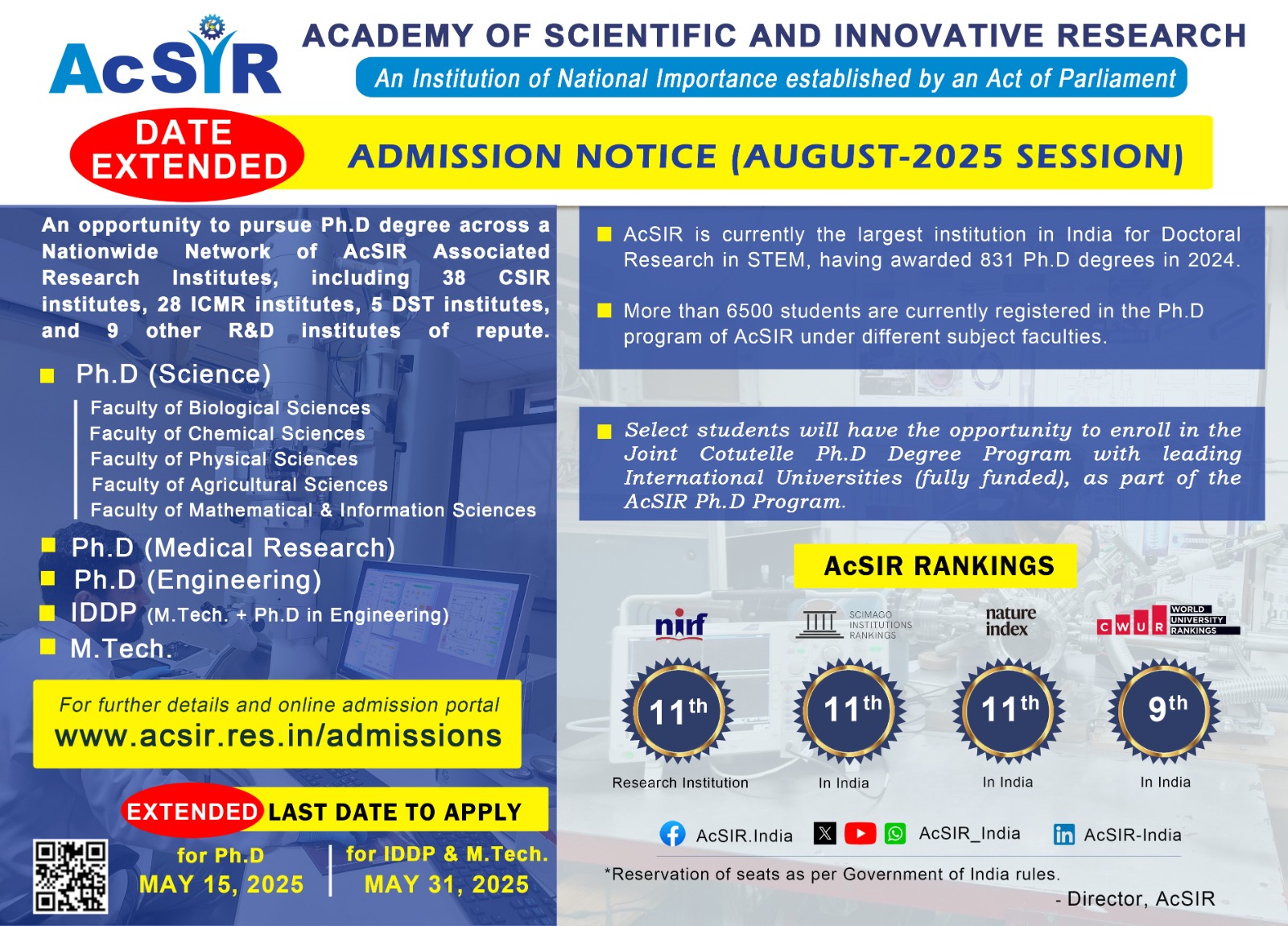 ACSIR -Admission Notice August Session 2025