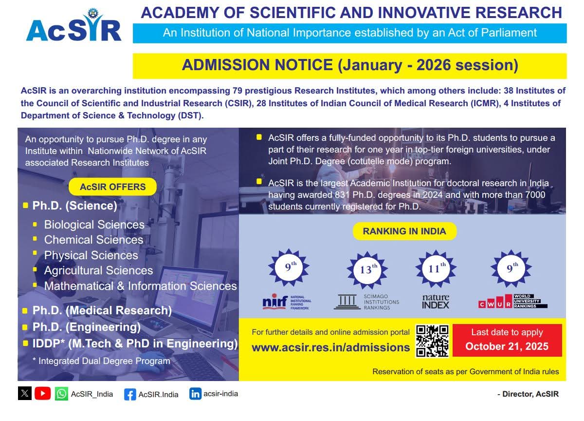 ACSIR -Admission Notice January Session 2026